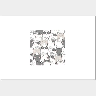 Kawaii Cute Cats Pattern Grey Shades Posters and Art